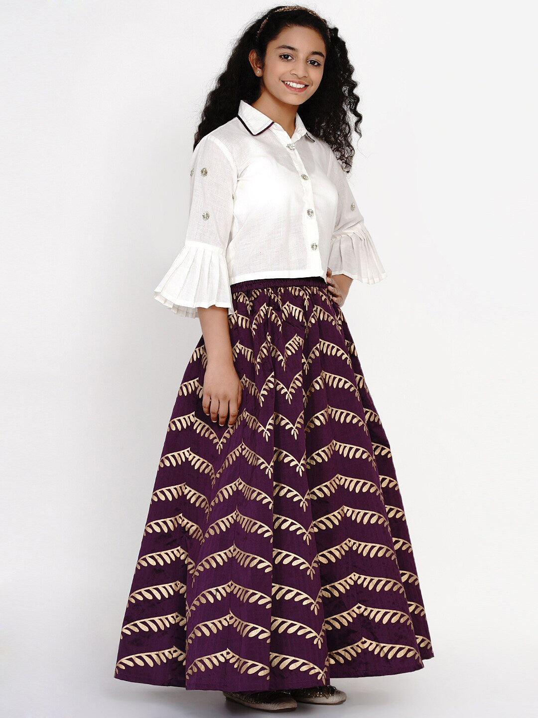Girl's White & Purple Embellished Block Print Ready to Wear Lehenga - NOZ2TOZ KIDS
