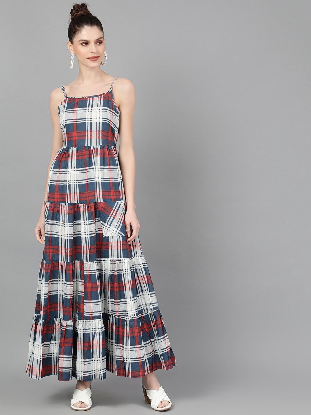 Women's  Blue & Red Checked Maxi Dress - AKS