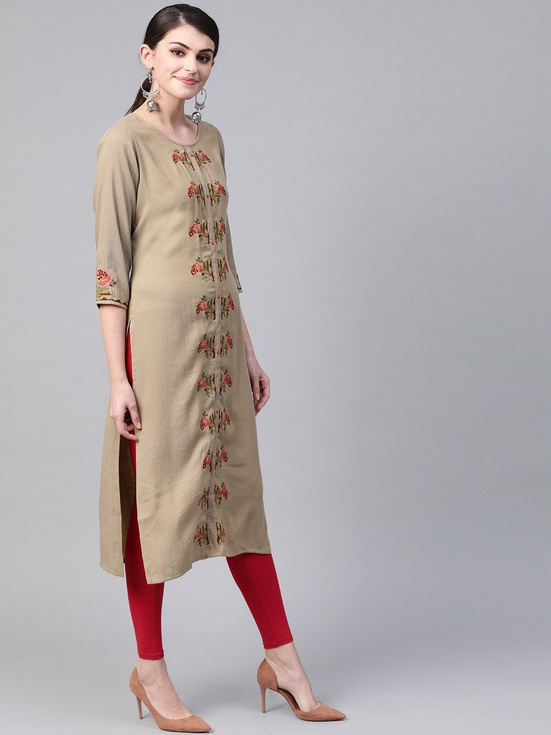 Women's Brown & Red Embroidered Straight Kurta - Meeranshi