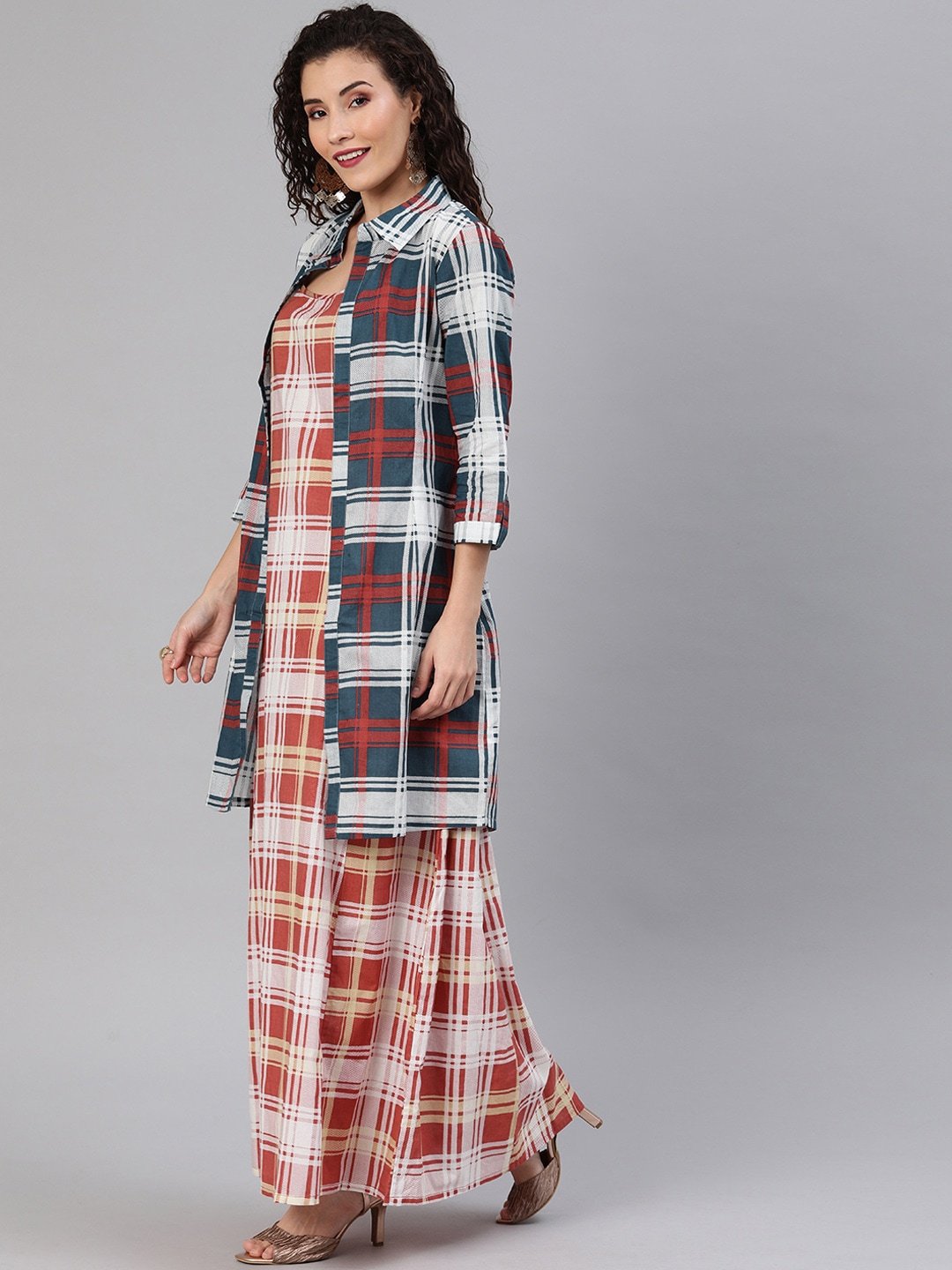 Women's  Red Checked Maxi Dress With Shirt - AKS