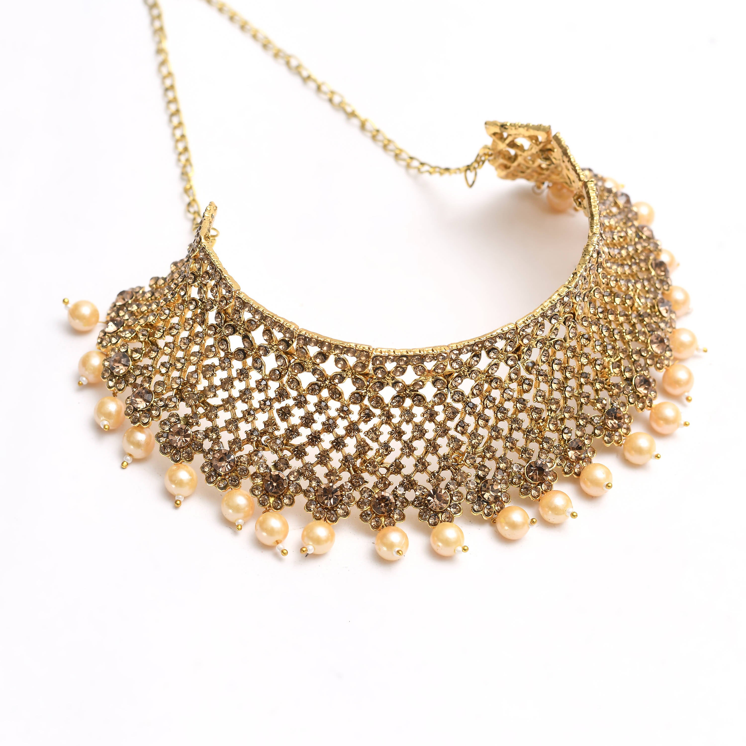 Johar Kamal Gold-Plated Golden Necklace & Pearls with Earrings ,Tikka Jkms_160