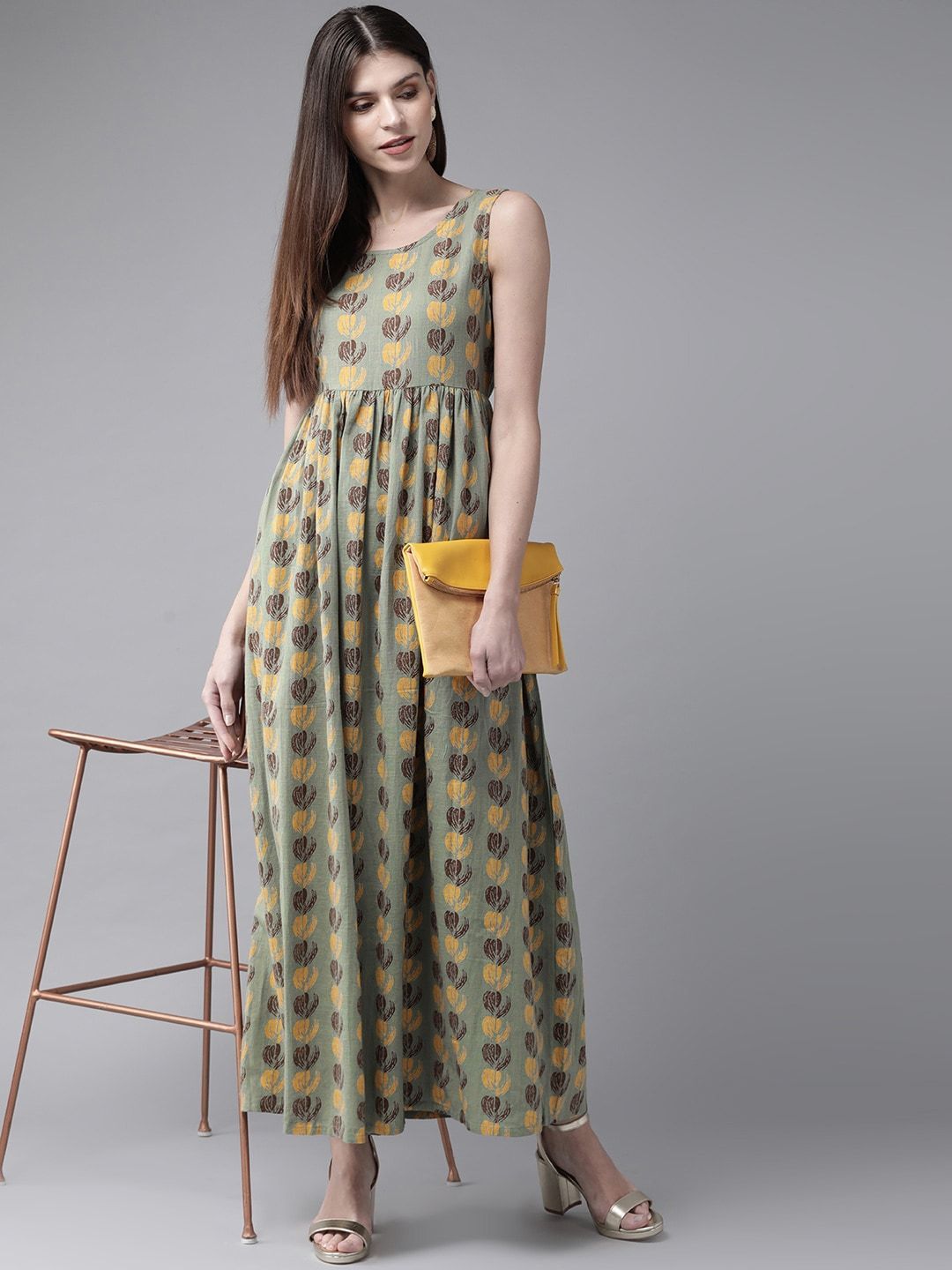 Women's  Green & Yellow Printed Maxi Dress - AKS