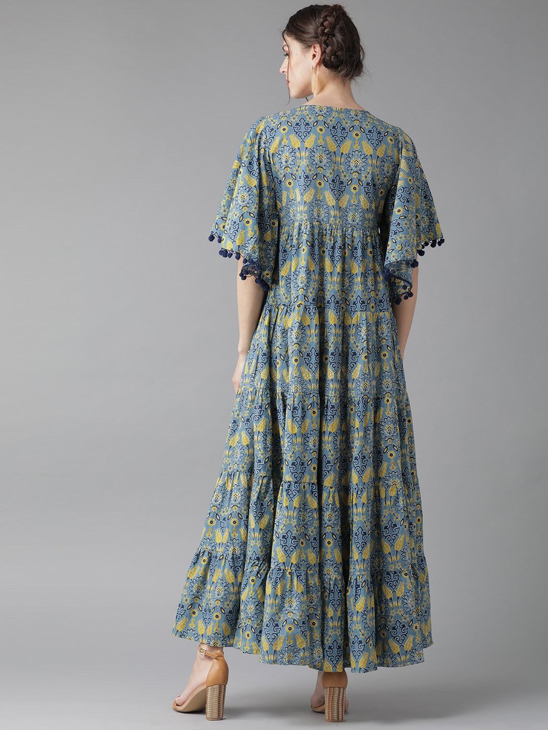 Women's  Blue & Yellow Printed Tiered Maxi Dress - AKS