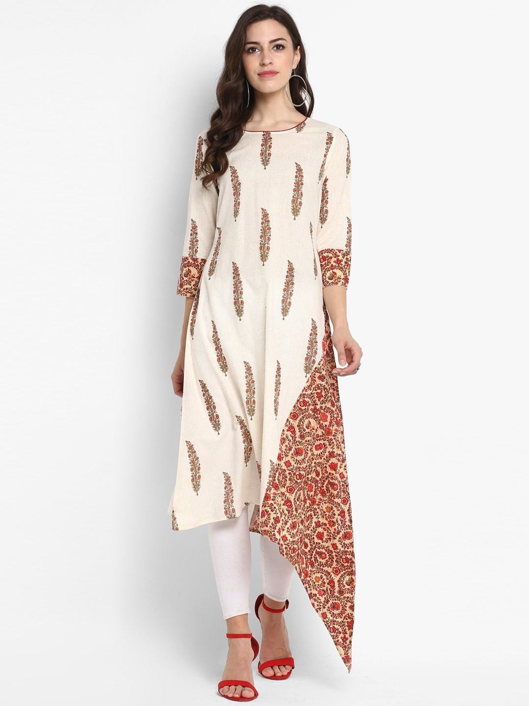 Women's Off-White & Red Floral Printed A-Line Kurta - Meeranshi
