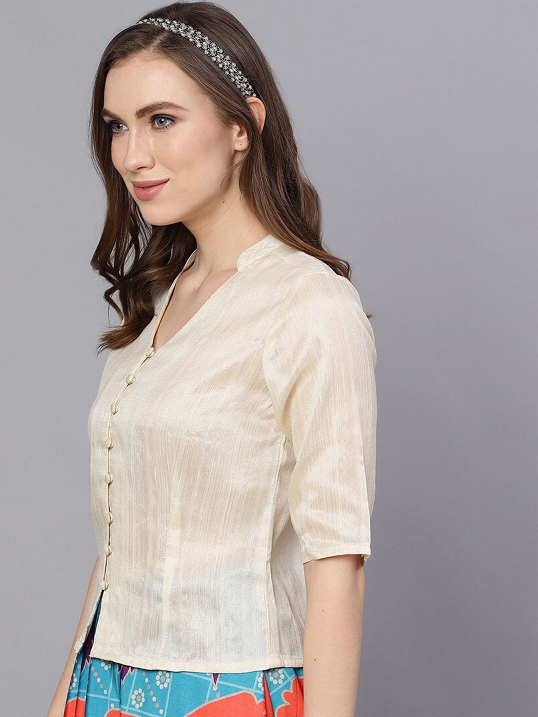 Women's Cream-Coloured Solid Shirt Style Top - AKS