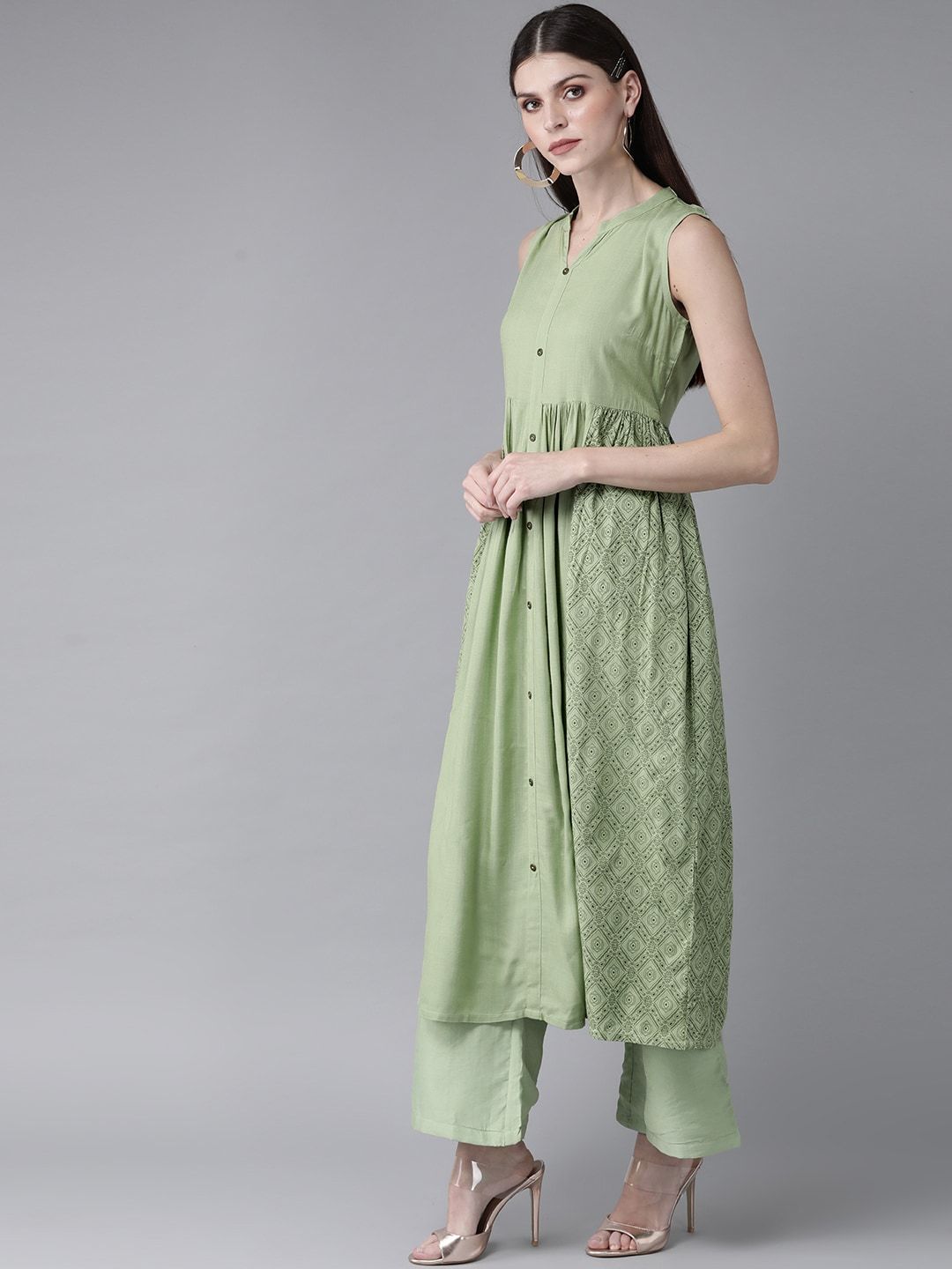Women's  Green Printed A-Line Kurta - AKS