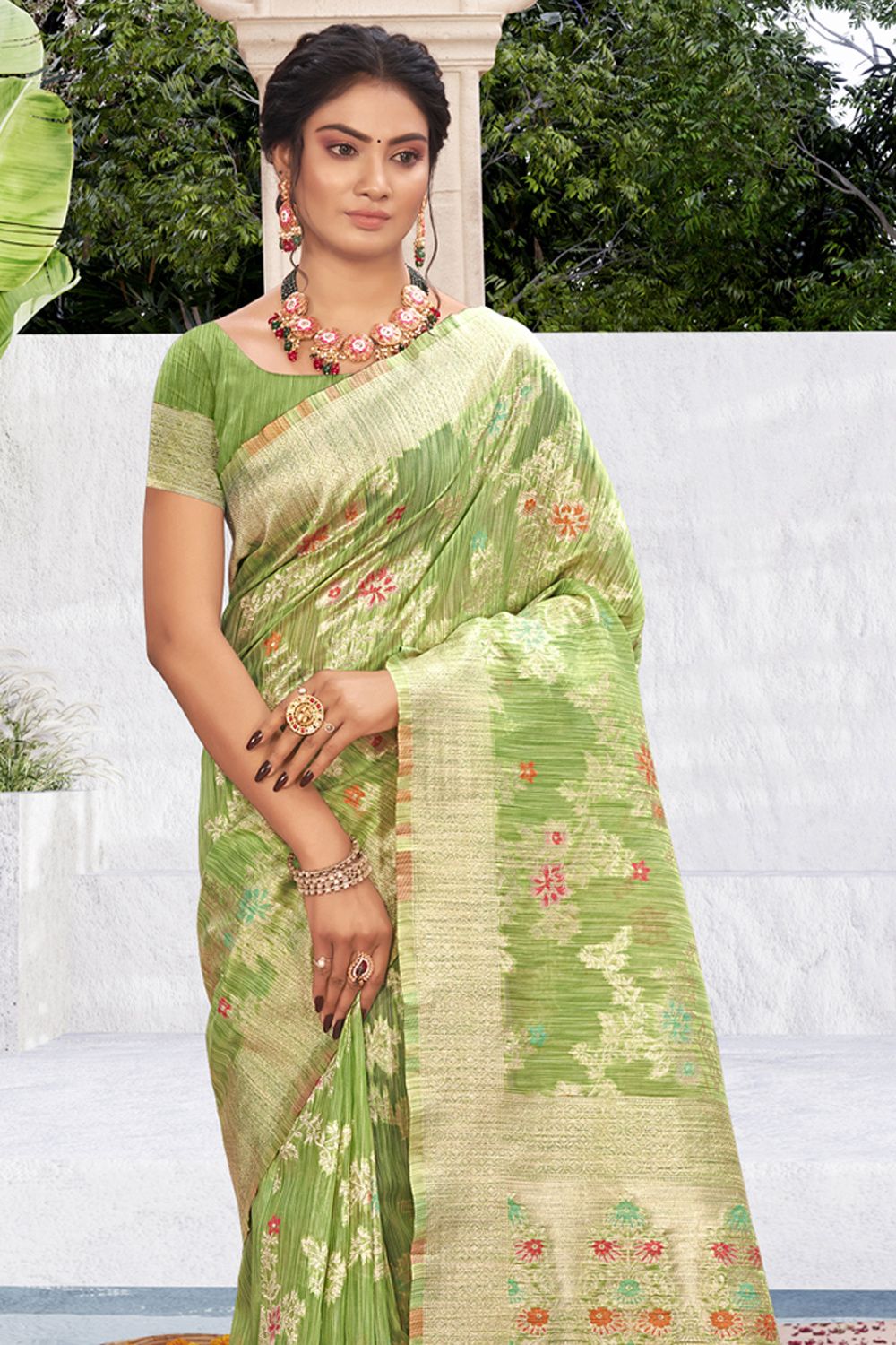 Women's Light Green Cotton Silk Woven Zari Work Traditional Saree - Sangam Prints