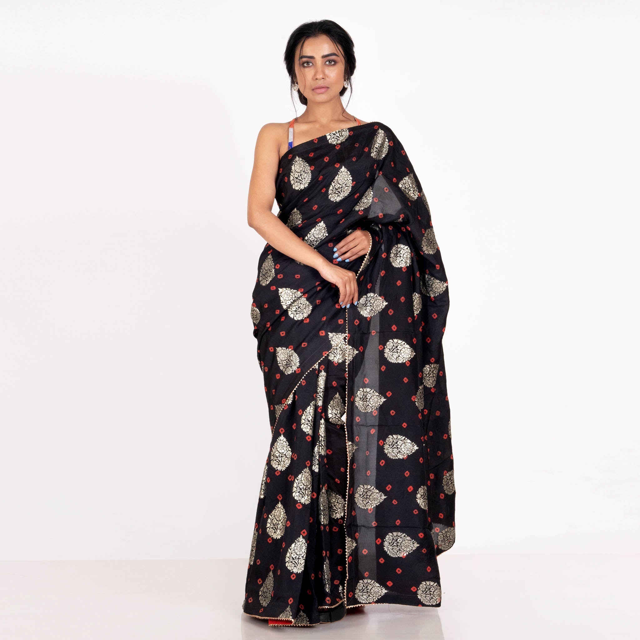 Women's Black Soft Silk With Bandhej And Zari Motifs - Boveee