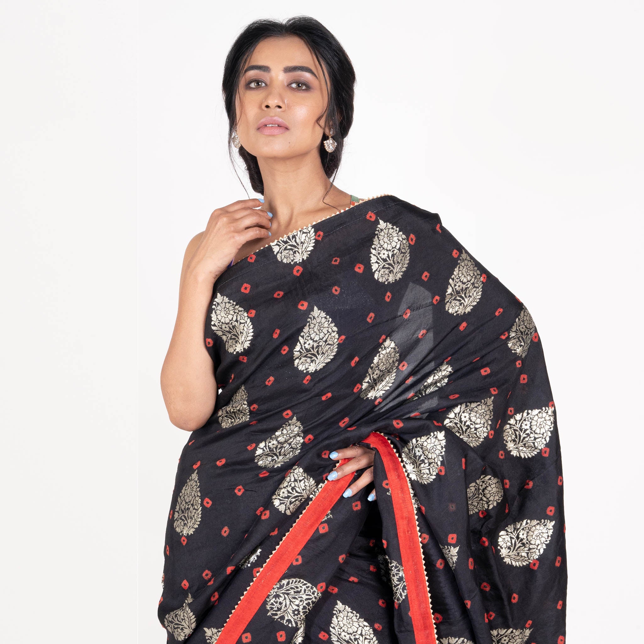 Women's Black Soft Silk With Bandhej And Zari Motifs - Boveee