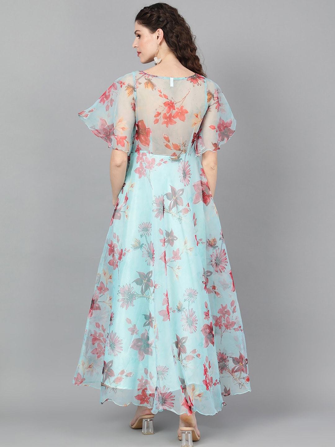 Women's  Turquoise Blue & Pink Floral Printed Maxi Dress - AKS