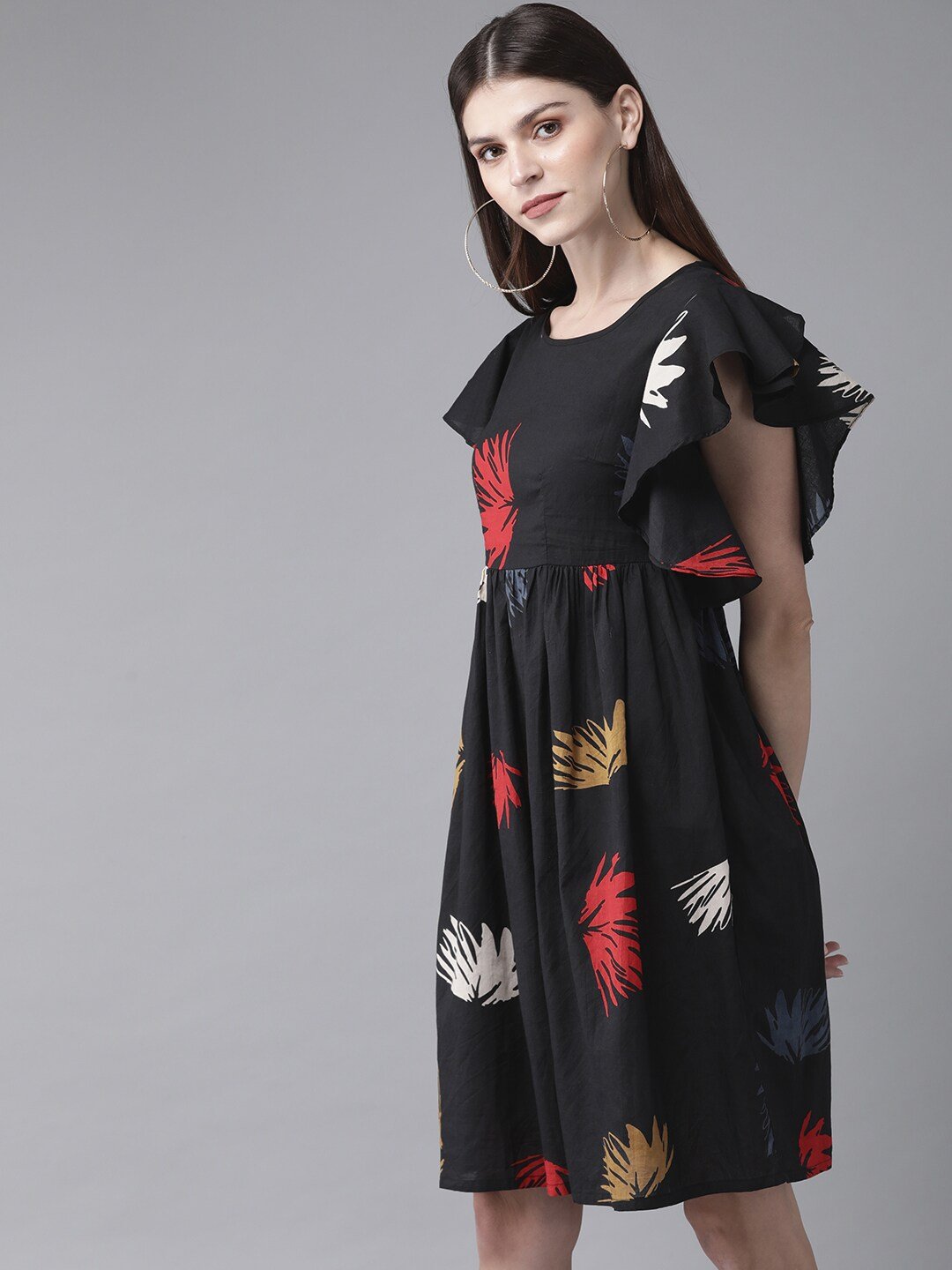 Women's  Black & Red Printed A-Line Dress - AKS