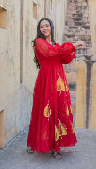 Women's Banno Hand Painted Bell Sleeves Red Gown - Saras The Label
