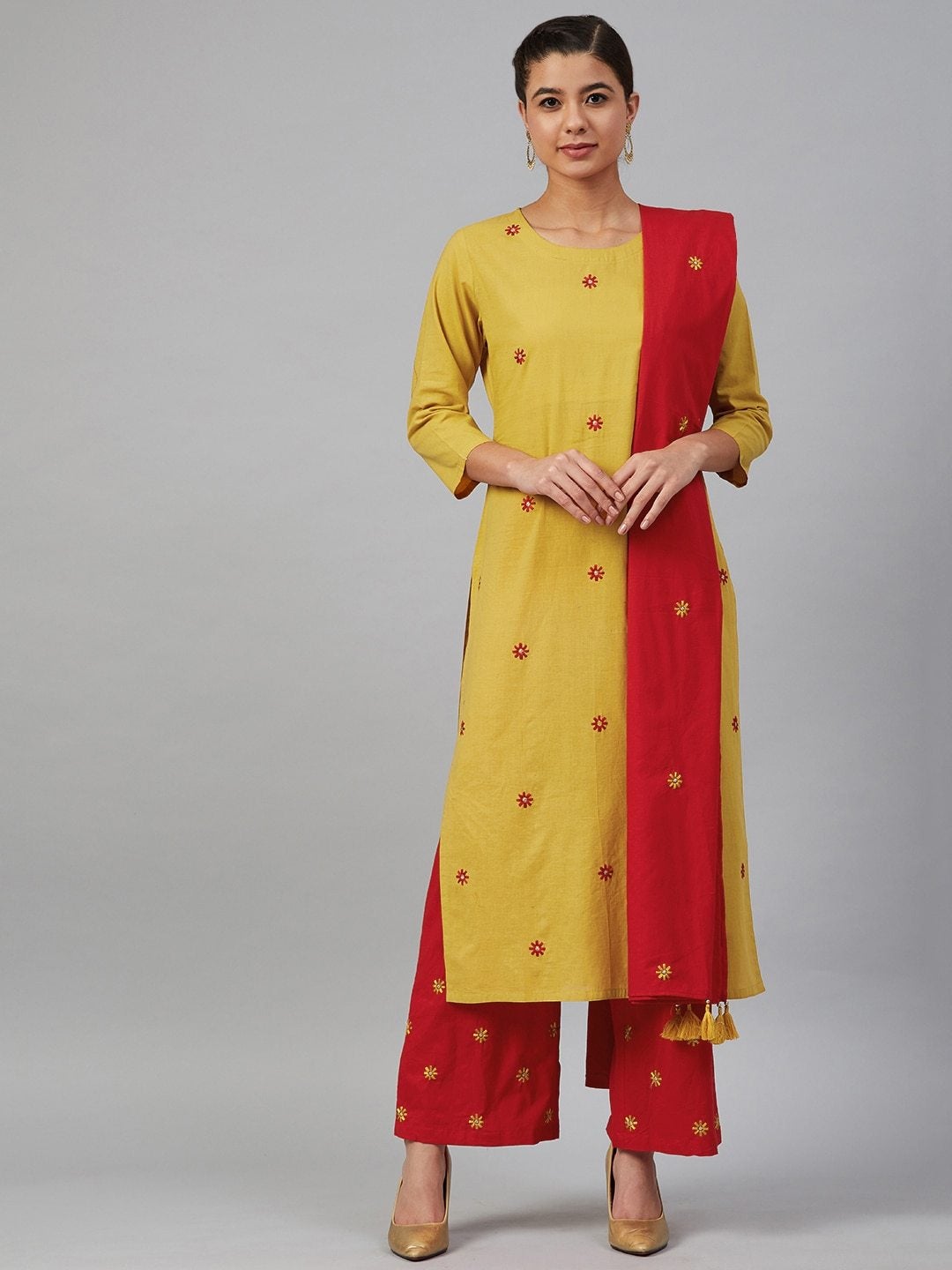 Women's Mustard Yellow & Red Embroidered Kurta with Palazzos & Dupatta - Meeranshi