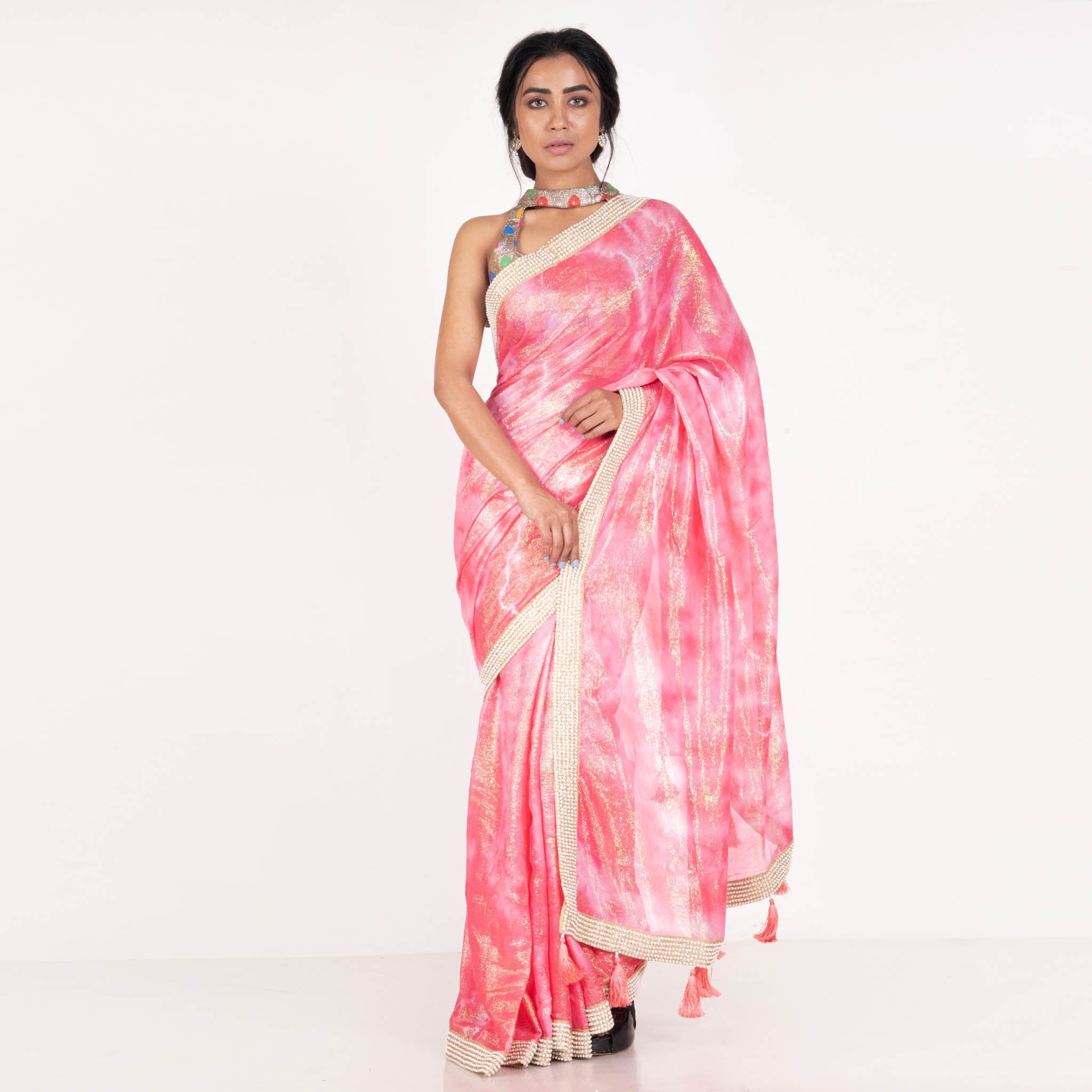 Women's Coral And Pink Marble Tie And Dye Georgette Lurex Saree With Pearl Lace Border - Boveee