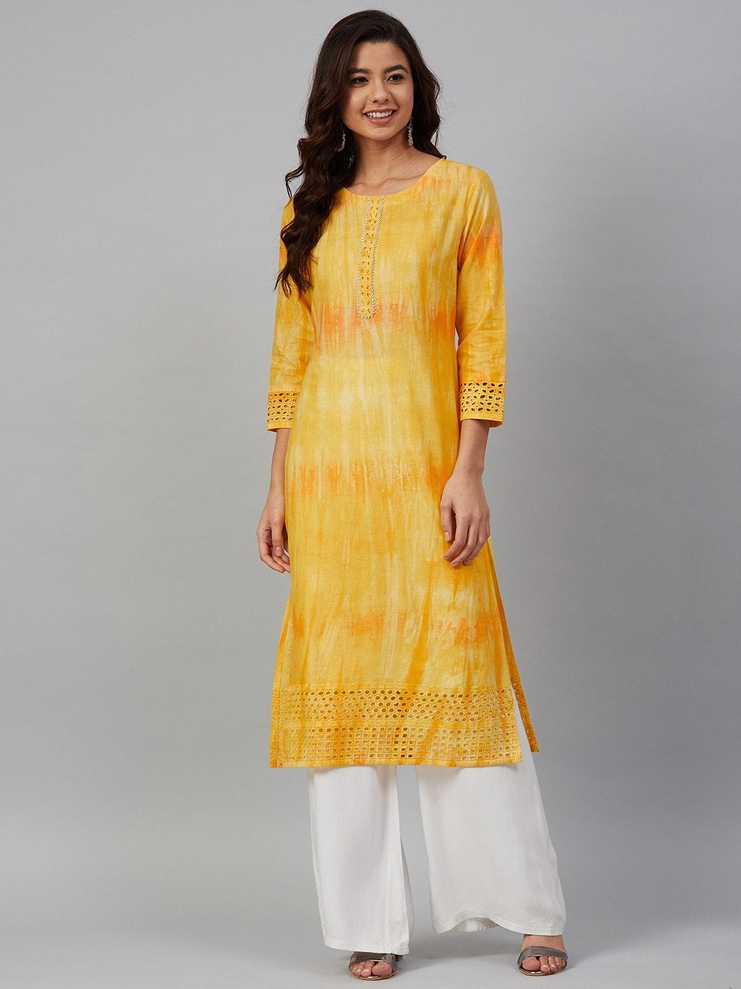 Women's Yellow & Orange Dyed Straight Kurta - Meeranshi