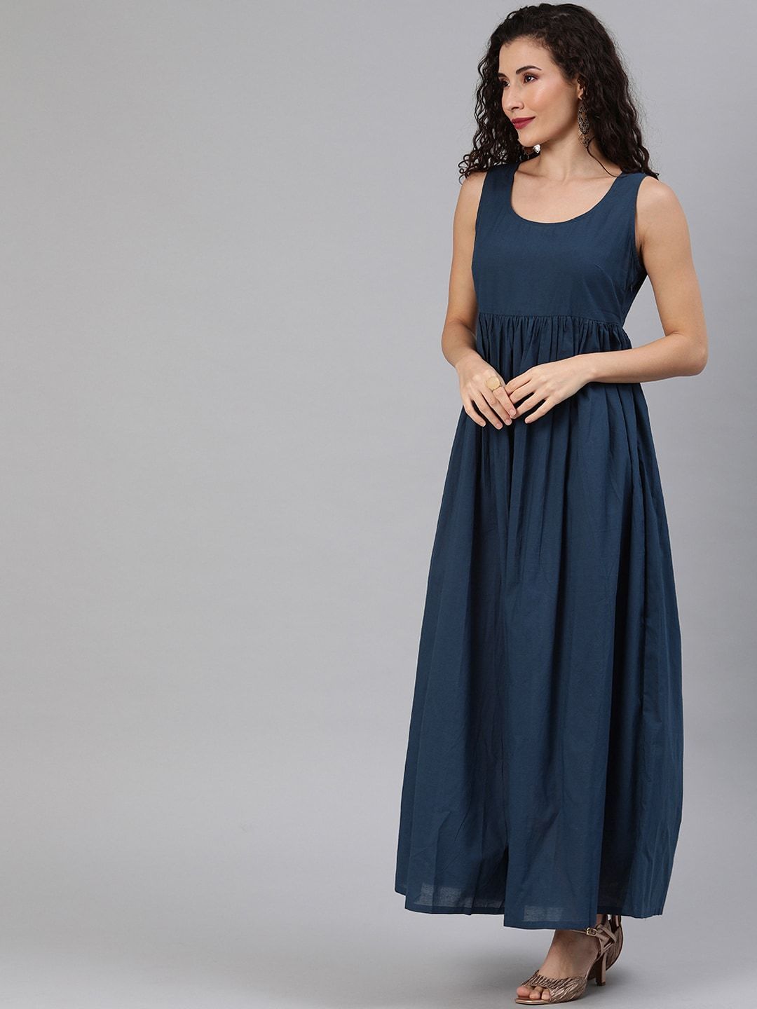 Women's  Navy Blue Solid Maxi Dress With Jacket - AKS