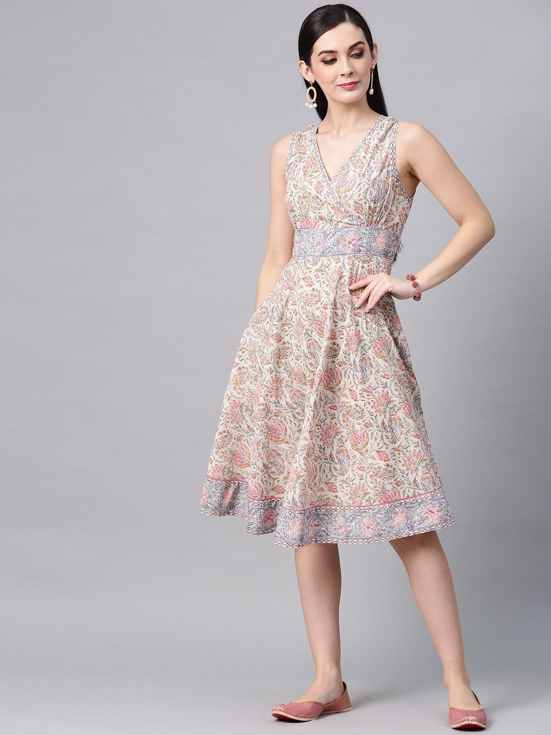 Women's  Off-White & Pink Printed Fit and Flare Dress - AKS