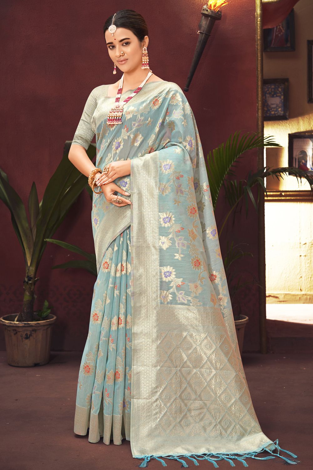 Women's Sky Blue Silk Woven Zari Work Traditional Tassle Saree - Sangam Prints
