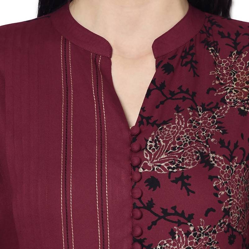 Women's Maroon Rayon Block print Anarkali kurta
