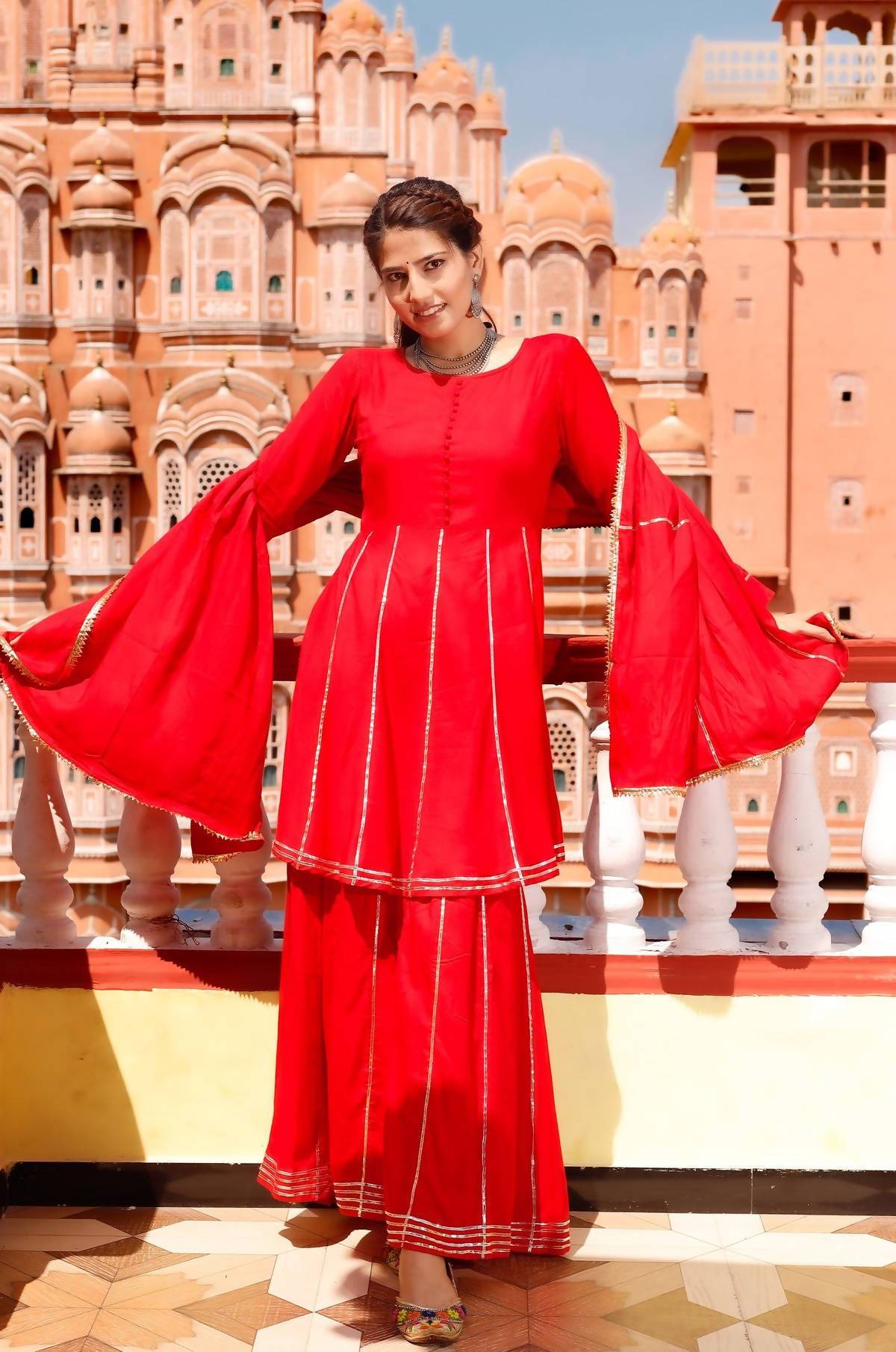 Women's Red 100% Cotton Kurta Sharara Dupatta Set - Cheera