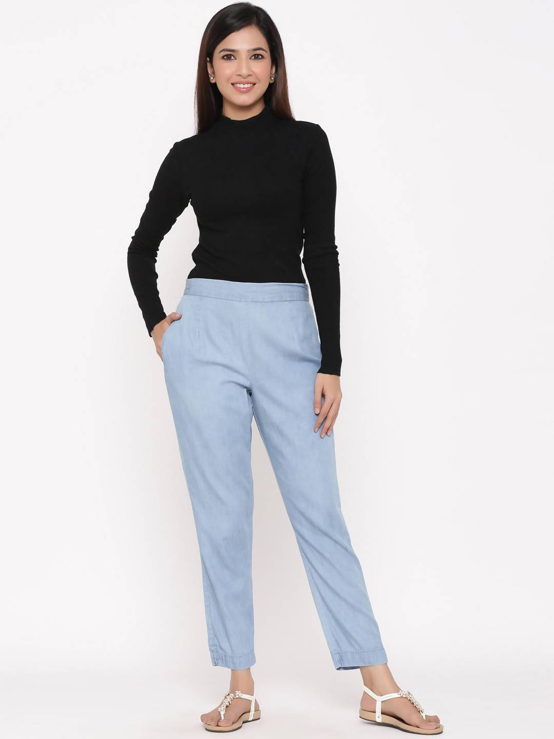 Women's Blue Cotton Solid Straight Pants - Juniper