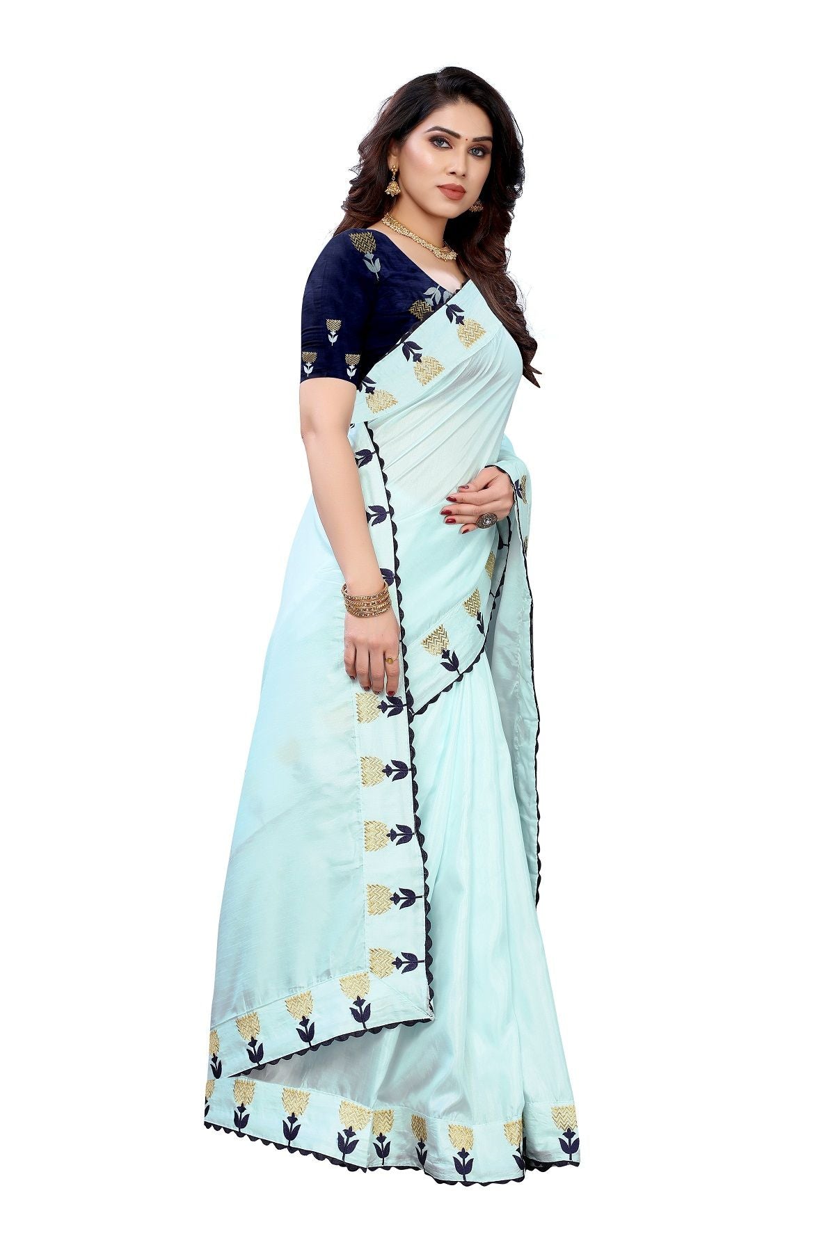 Women's Sky Blue Dola Silk Embroidery Saree With Blouse Piece - Vamika