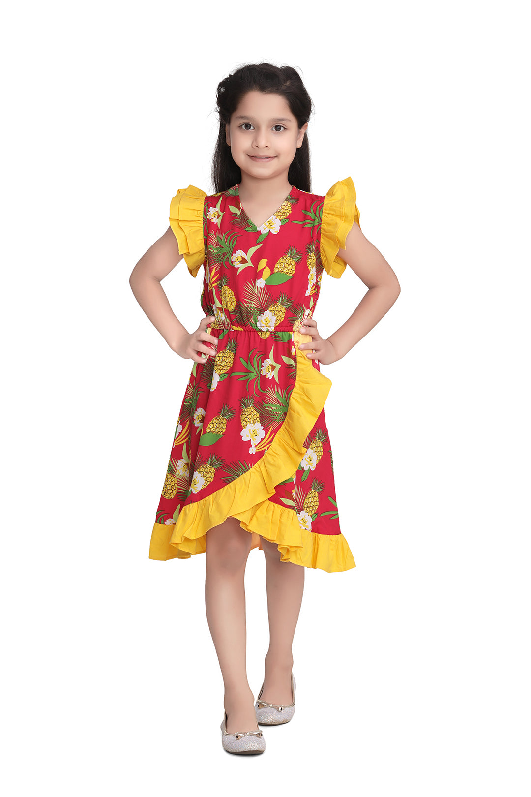 Girl's Mustard Floralprint Dress With Ruffle - StyleStone Kid