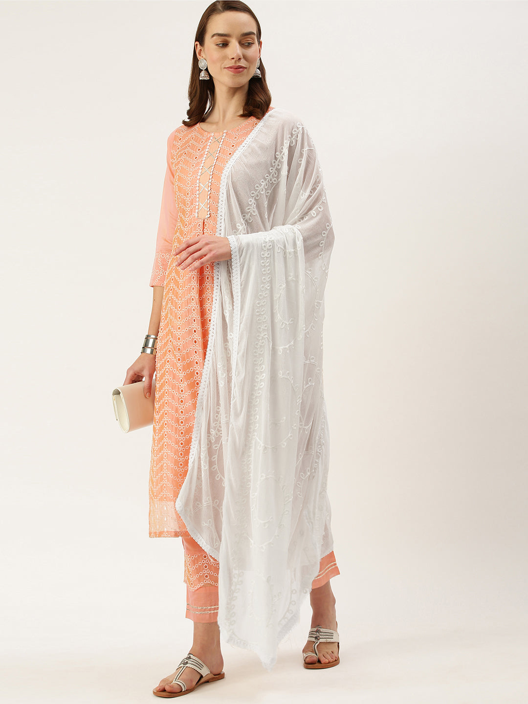 Women's Peach Color Chanderi Silk Straight Embroidered Kurta Pant With Dupatta - VAABA