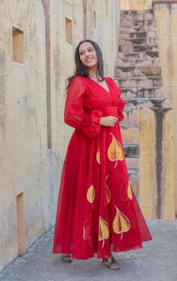 Women's Banno Hand Painted Bell Sleeves Red Gown - Saras The Label
