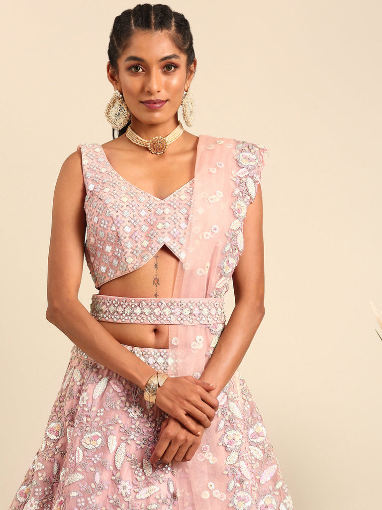 Women 's Pink Net Multi Sequins with heavy Zarkan embroidery Ready to Wear Lehenga choli & Dupatta