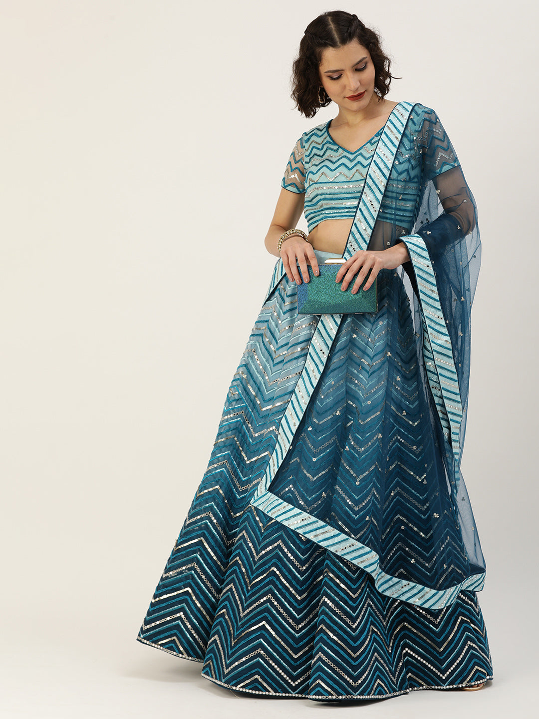 Women's Teal Shading Net Mirror Embroidered Lehenga & Blouse With Dupatta - Royal Dwells