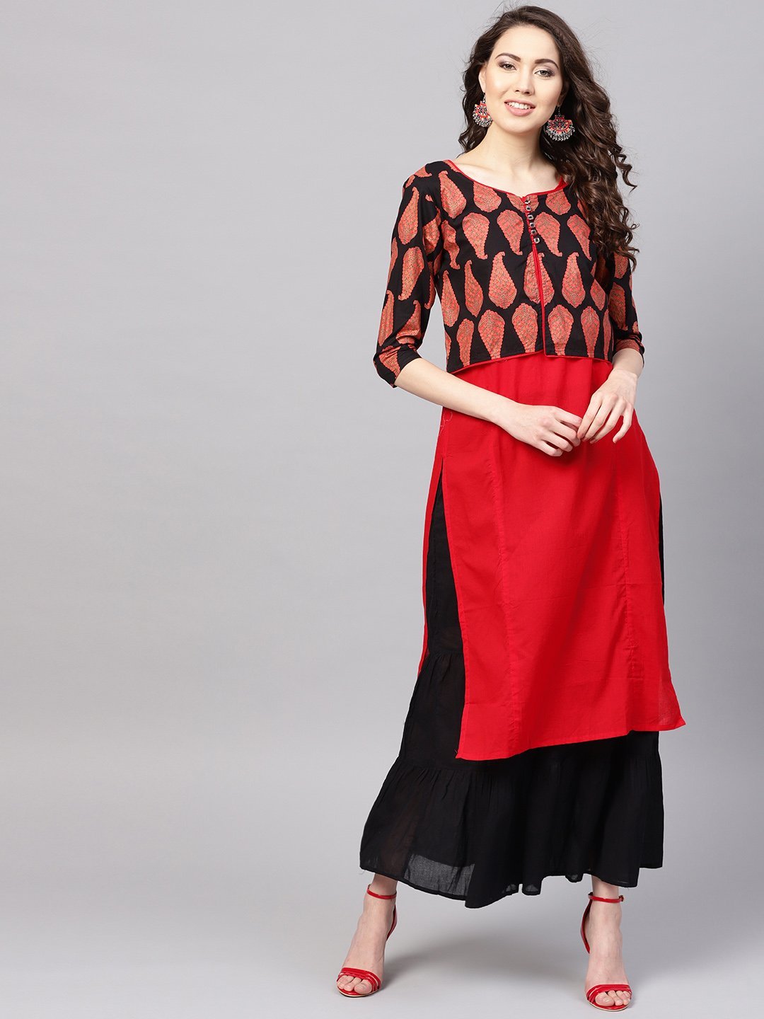Women's Red Cotton Printed Half Sleeve Round Neck Casual Kurta Only - Myshka