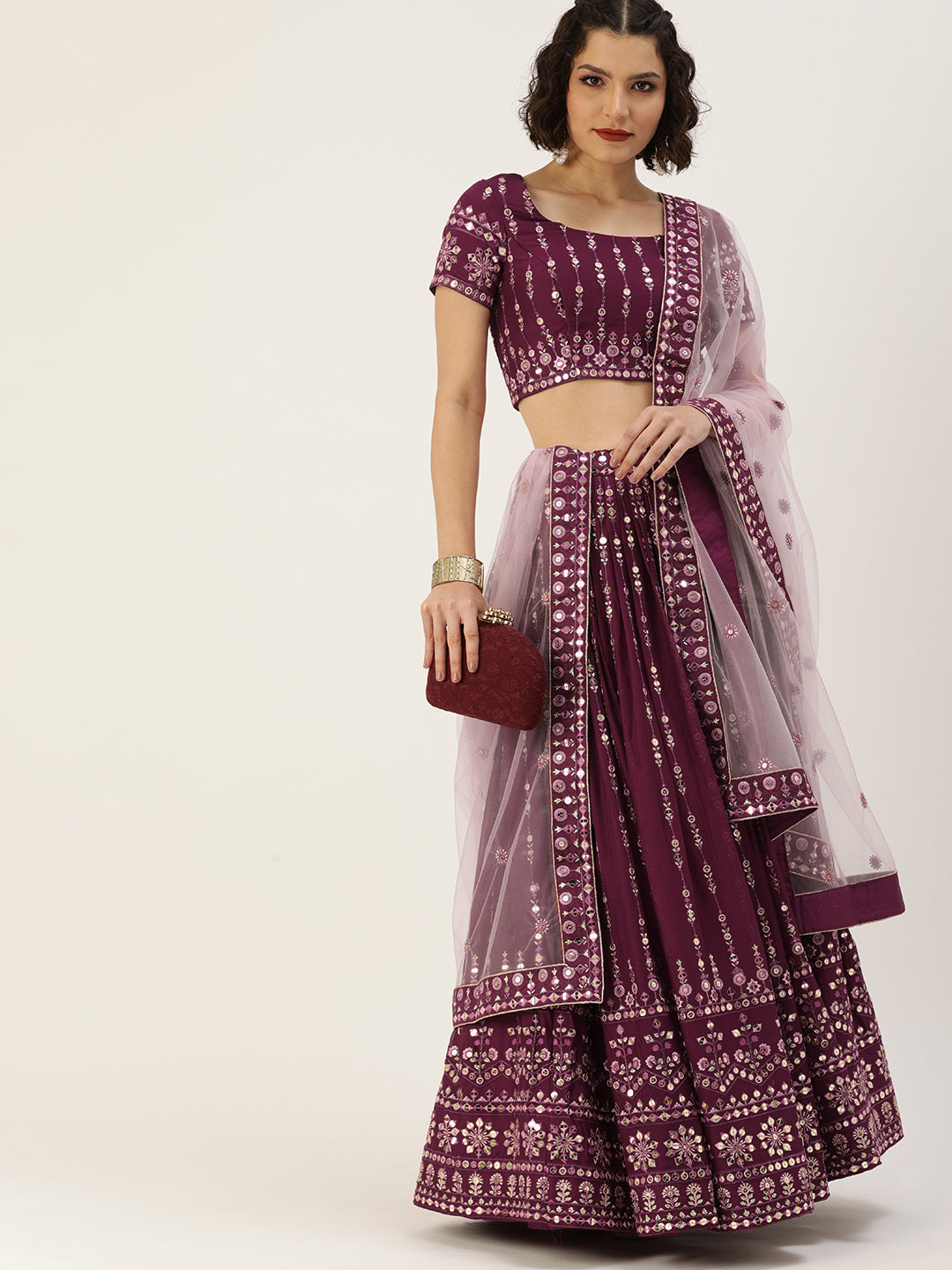 Women's Burgundy Pure Georgette Sequince Embroidered Lehenga & Blouse, Dupatta - Royal Dwells