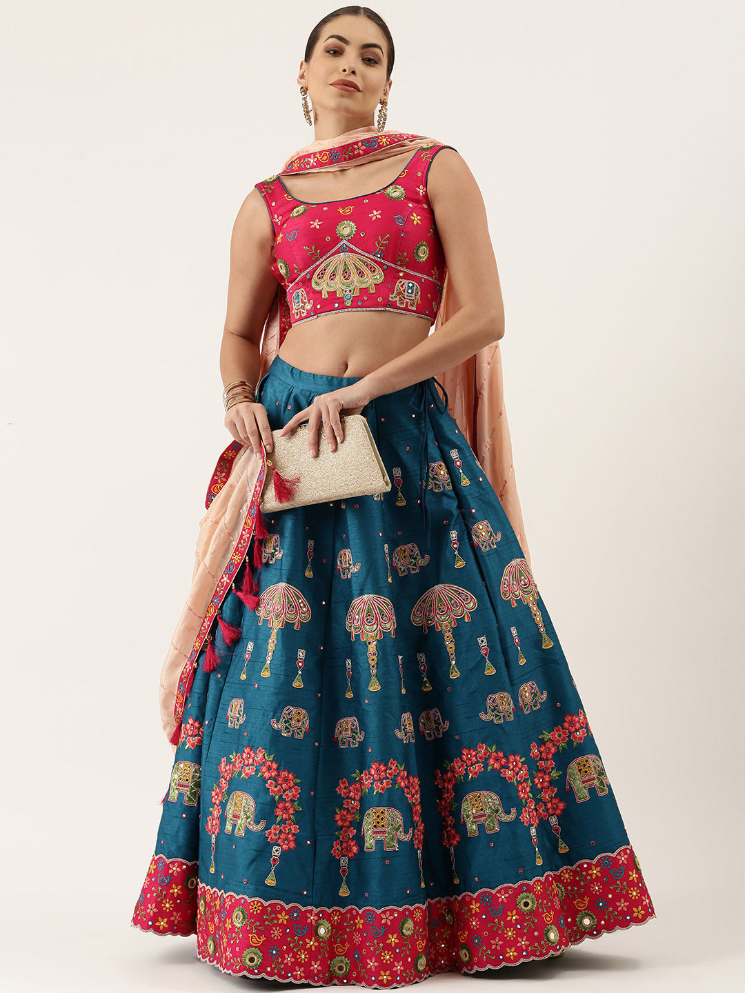Women's Navy Blue Pure Silk Thread & Mirror Work Lehenga & Blouse With Dupatta - Royal Dwells