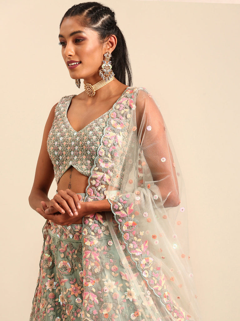 Women 's Sea green Net Multi Sequins with heavy Zarkan embroidery Ready to Wear Lehenga choli & Dupatta
