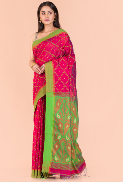 Women's Rani pink Blended cotton jamdani saree - Angoshobha
