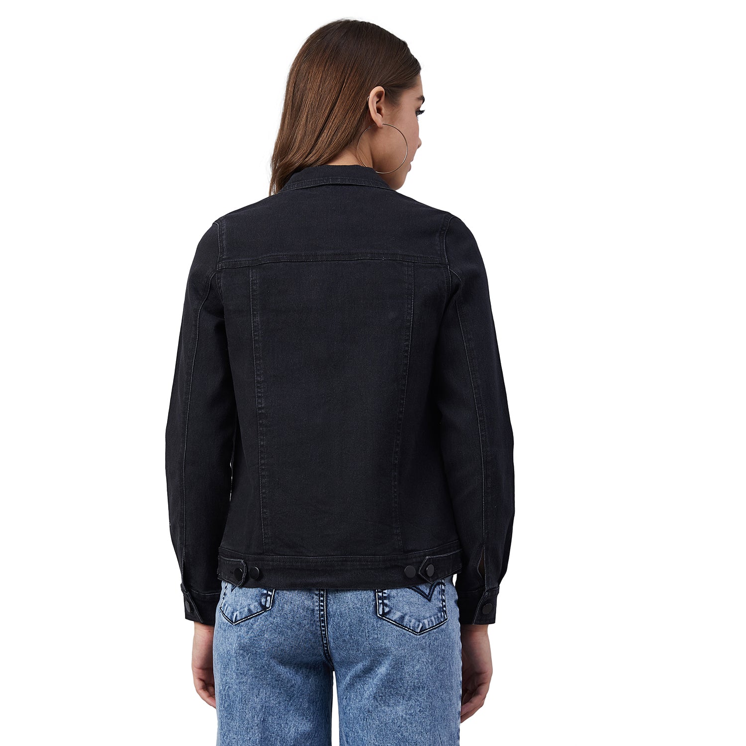 Women's Black Denim Jacket with Detachable Animal Fur Collar - StyleStone