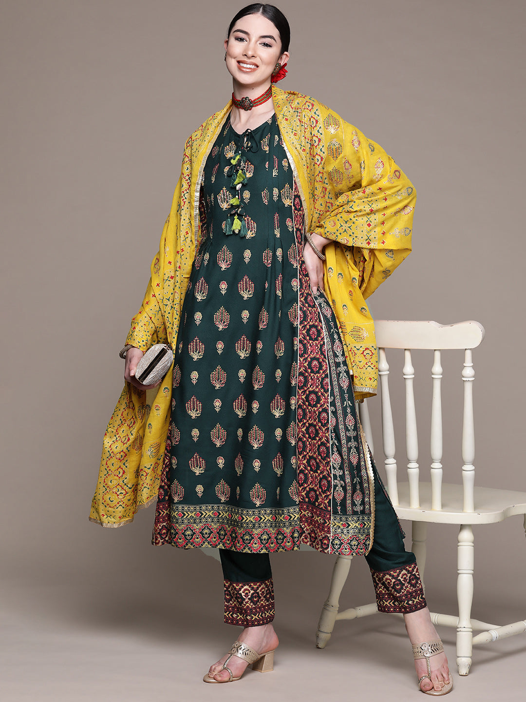 Women Green Printed Kurta with Palazzos & Dupatta