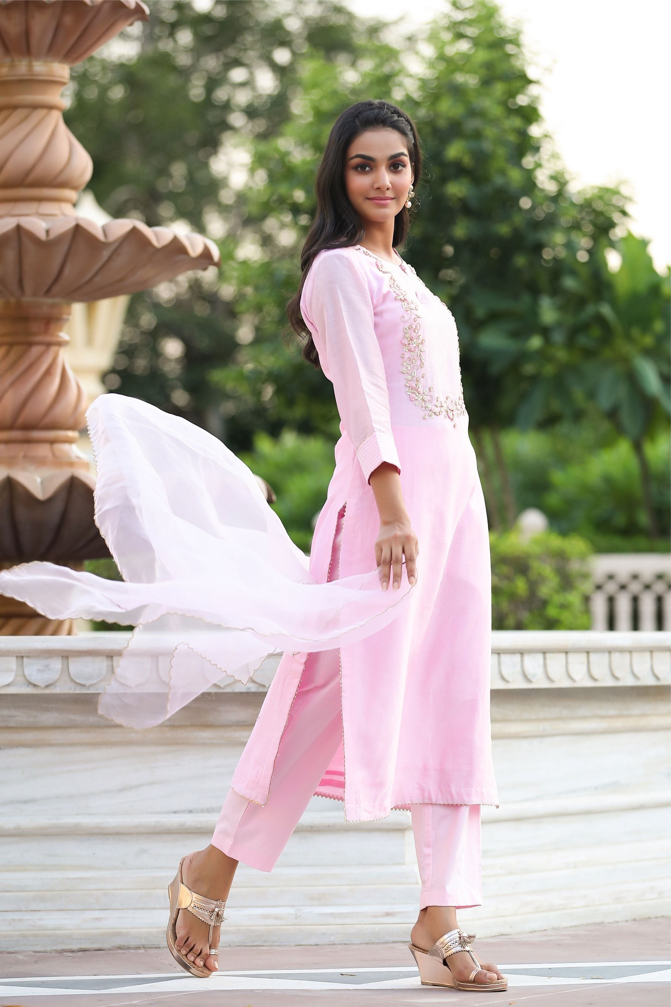 Women's Lilac Pink Pure Chanderi Suit Set-Gillori