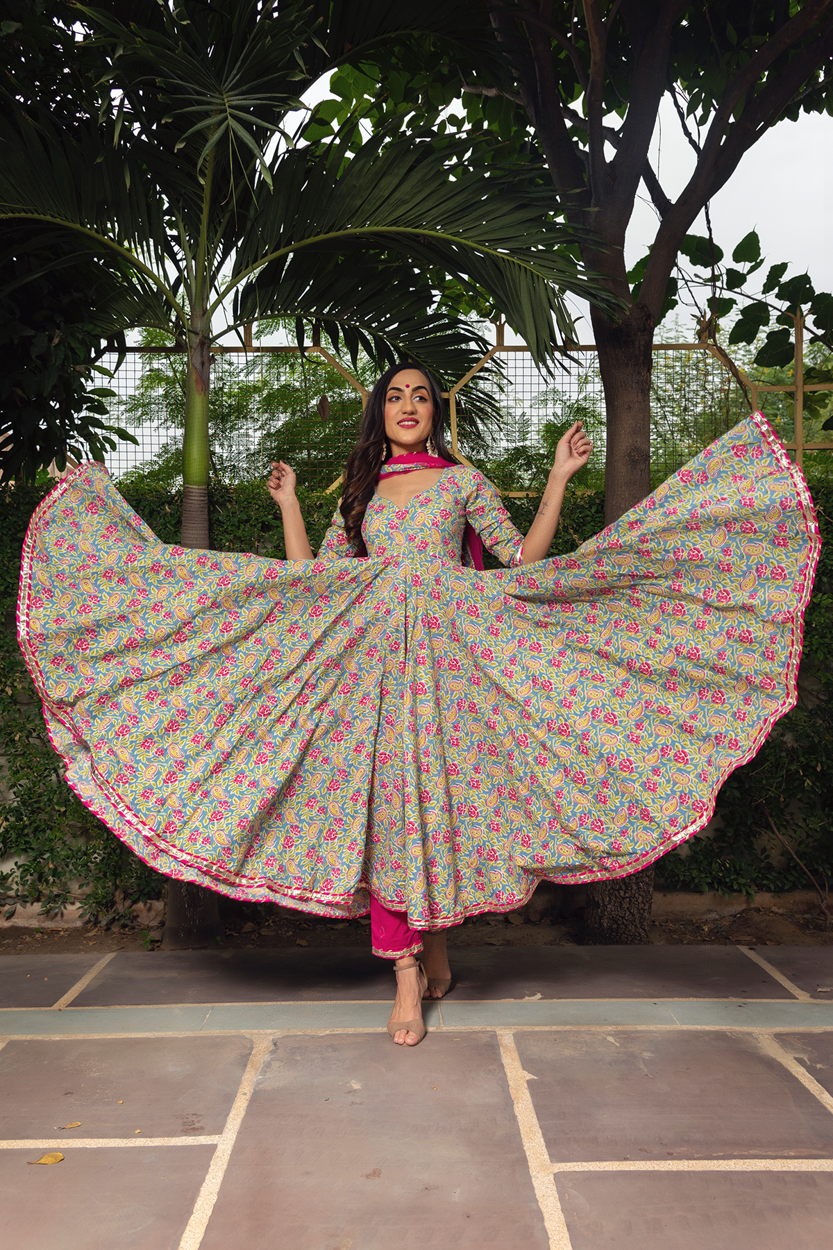 Women Multicolor Cotton Anarkali Kurta with Pant & Dupatta by Pomcha Jaipur (3pcs Set)