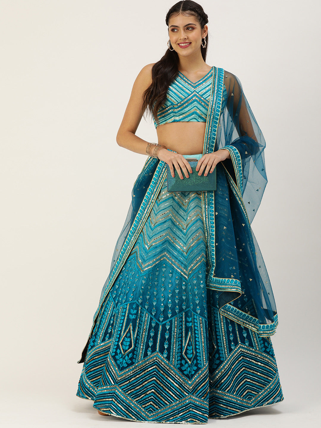 Women's Teal Shading Net Sequince Embroidered Lehenga & Blouse With Dupatta - Royal Dwells