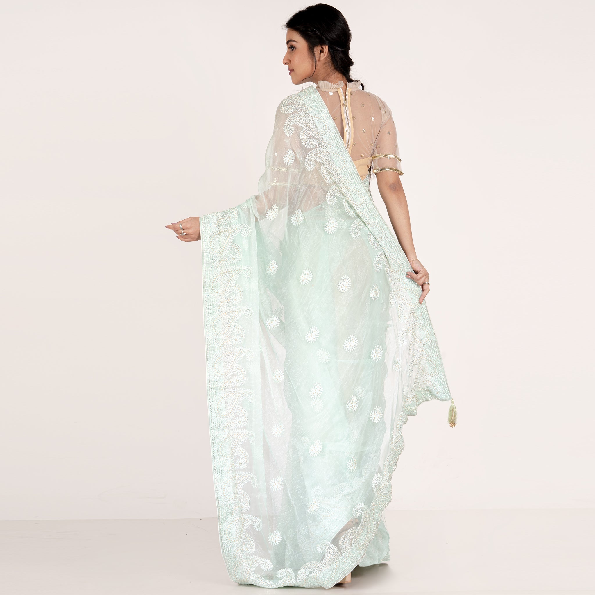 Women's Aqua Blue Pure Chiffon Fully Embroidered Saree With Crystallization - Boveee