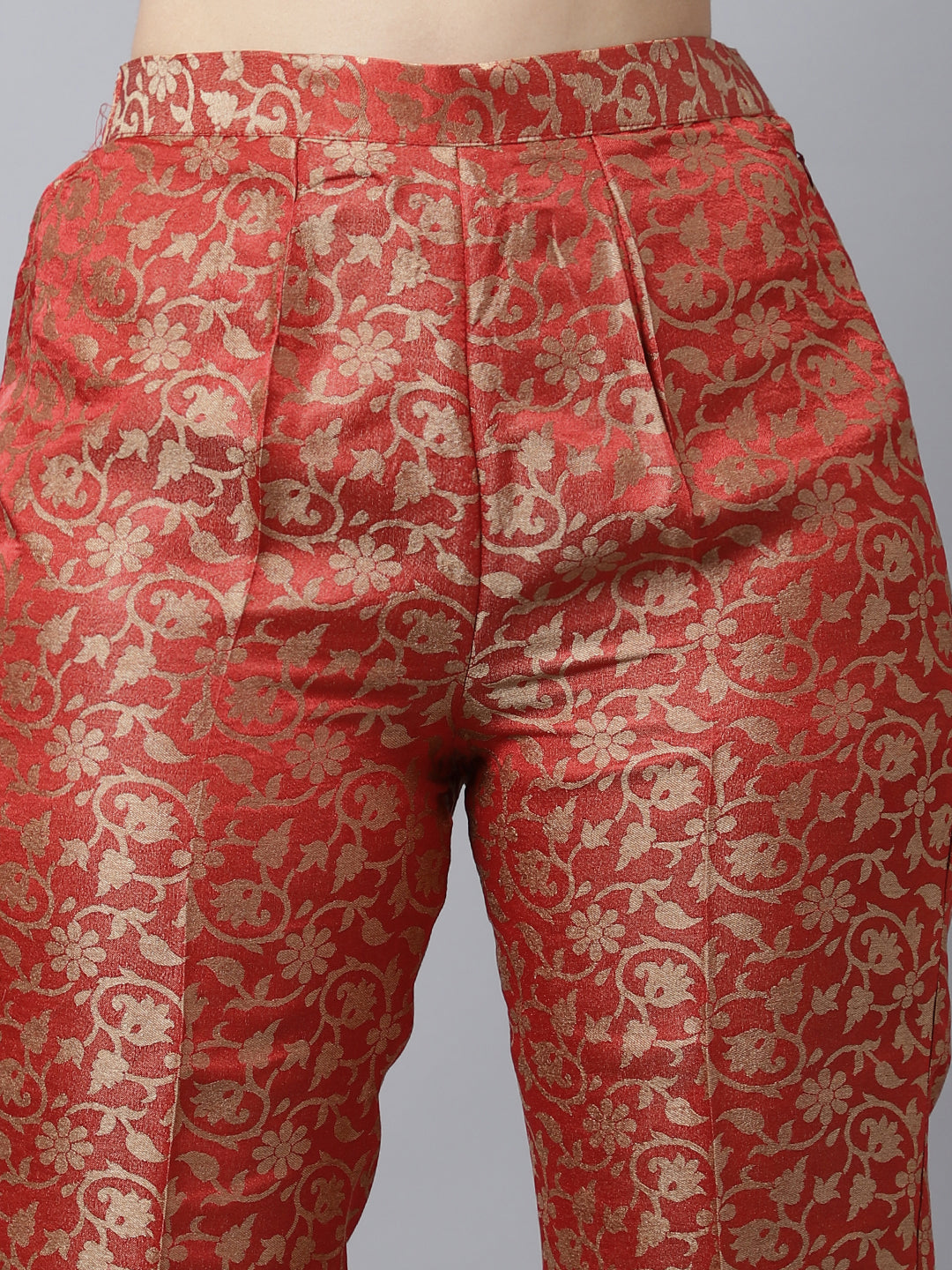Women's Scarlet Red Brocade Kurti With Straight Pants - Anokherang
