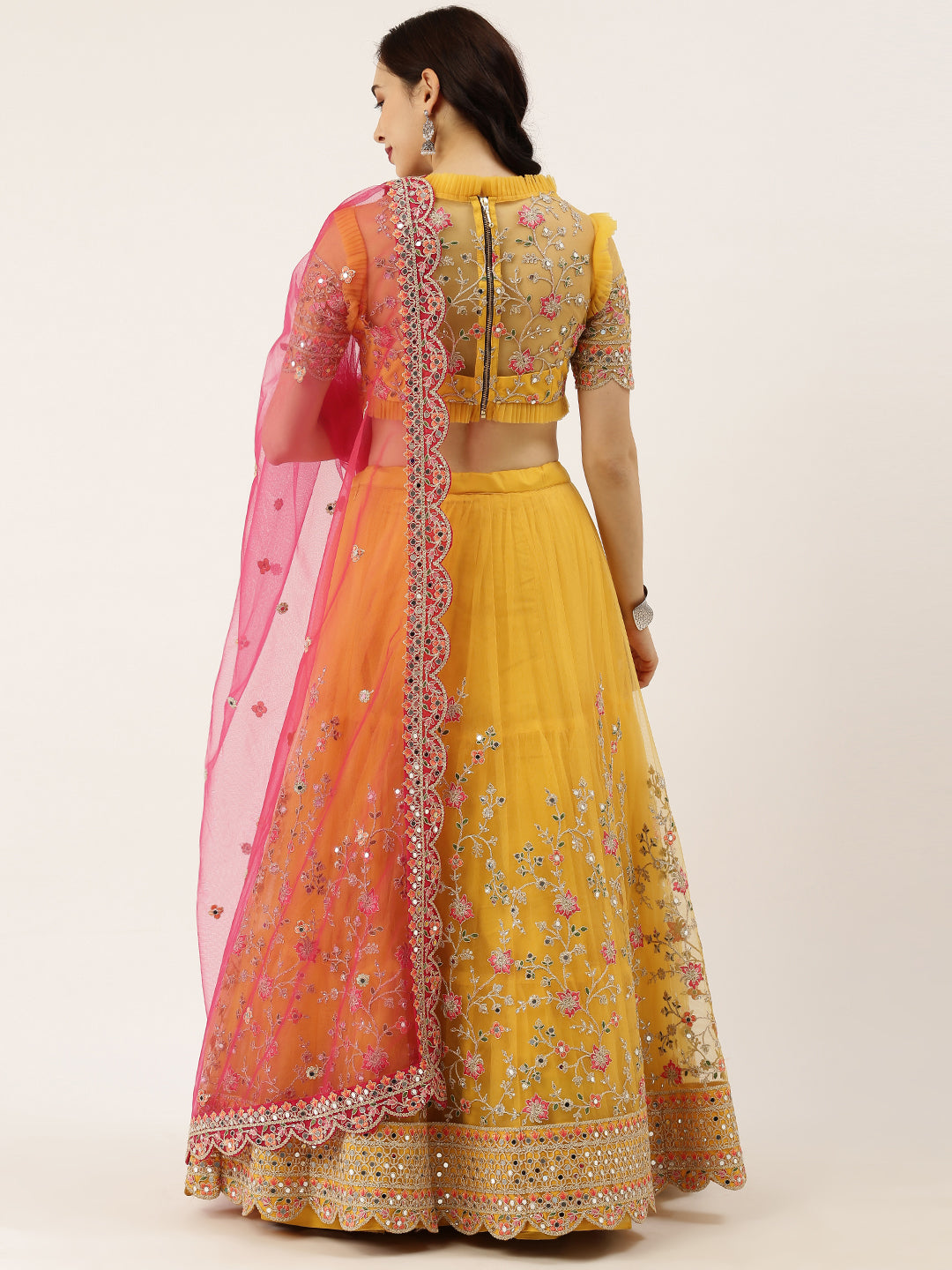 Women's Mustard Colour Net With Miror Work Fully Stitched Lehenga & Blouse With Dupatta - Royal Dwells