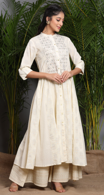 Women's Ivory Cambric Printed A-Line Kurta With Mask - Juniper