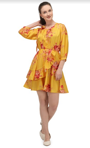 Women's Mango Yellow Digital Printed Floral Short Tunic Dress - MESMORA FASHIONS