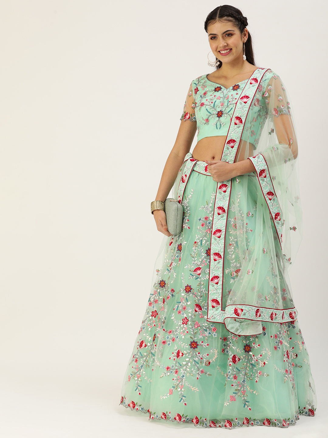 Women's Sea Green Net Sequince Embroidered Lehenga & Blouse With Dupatta - Royal Dwells