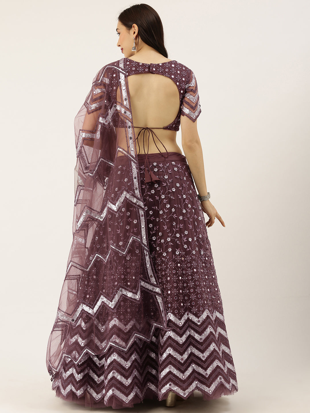Women's Burgundy Embroidered Net Fully Stitched Lehenga & Blouse With Dupatta - Royal Dwells