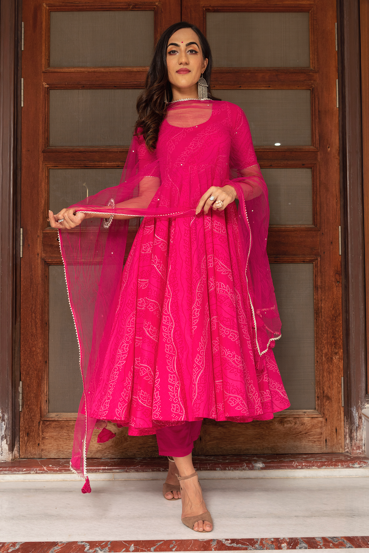Women's Pink Anarkali suit set with Pants & Dupatta (3pcs set) - Pomcha Jaipur