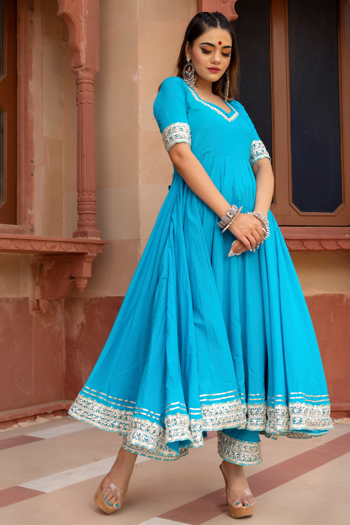 Women's Sky Blue Cotton Anarkali Kurta with Pant & Dupatta (3pcs Set) - Pomcha Jaipur